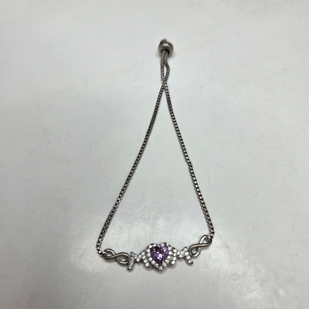 Sun BR Bolo Bracelet Heart Purple Stone Adjustable Silver Tone Box Chain 9in